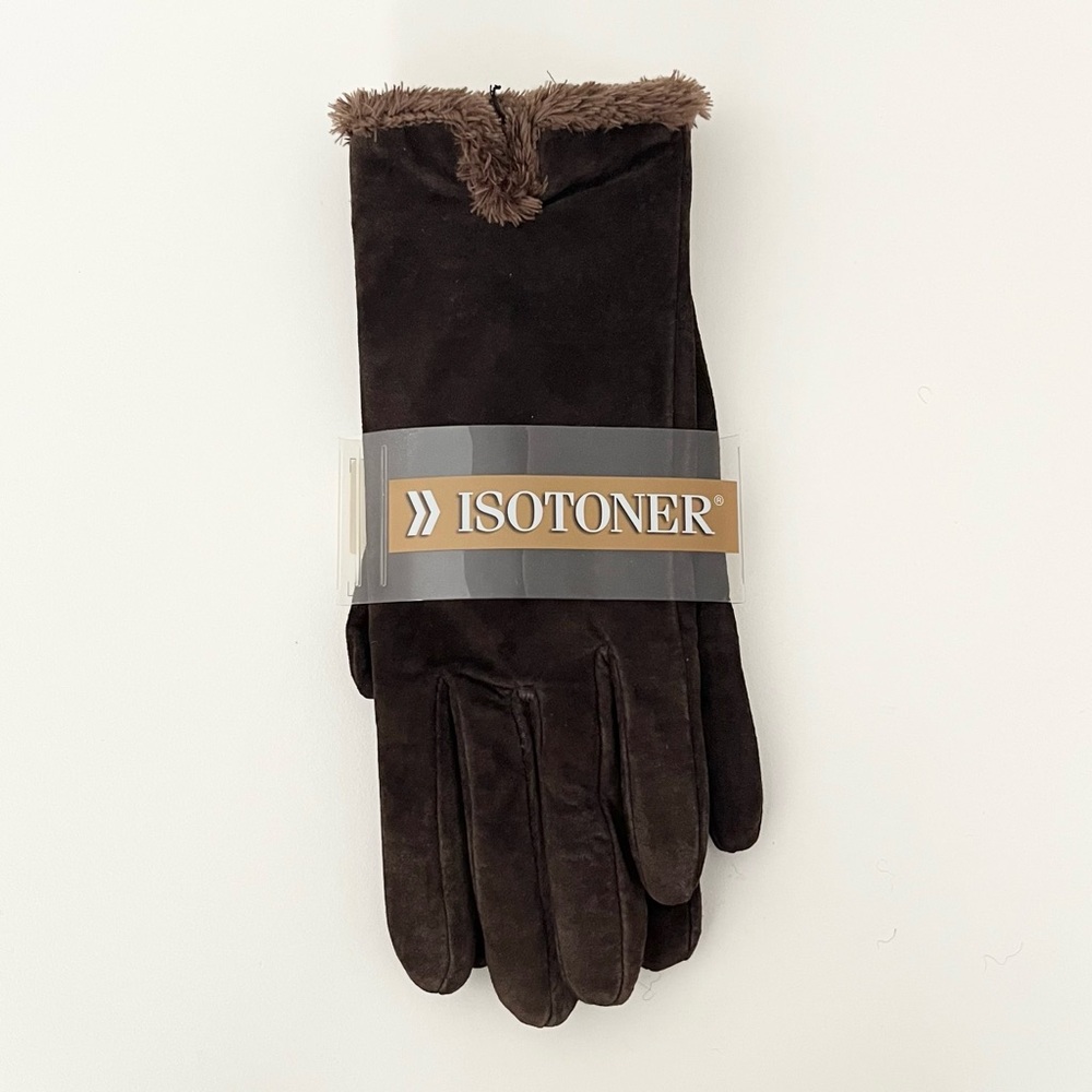 NWT Isotoner Women's Brown Genuine Suede Gloves Faux Fur Lining Size M Warm Soft